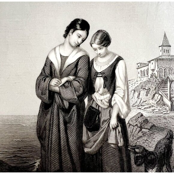 Good Counsel Beautiful Women Engraving 1859 Victorian Seaside Chapel Art DWY5G